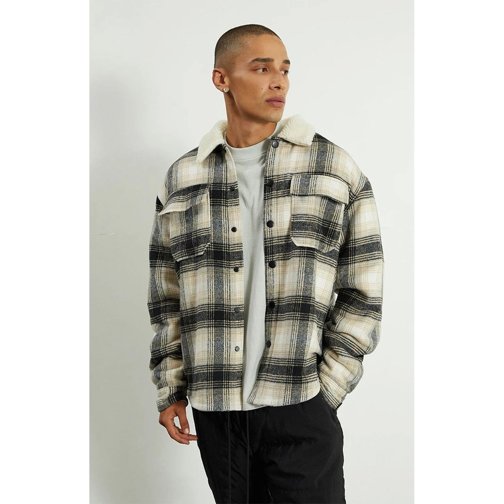 Pacsun‎ Men's Sherpa Plaid Jacket Relaxed Fit Snaps Tan Black Small Contemporary
